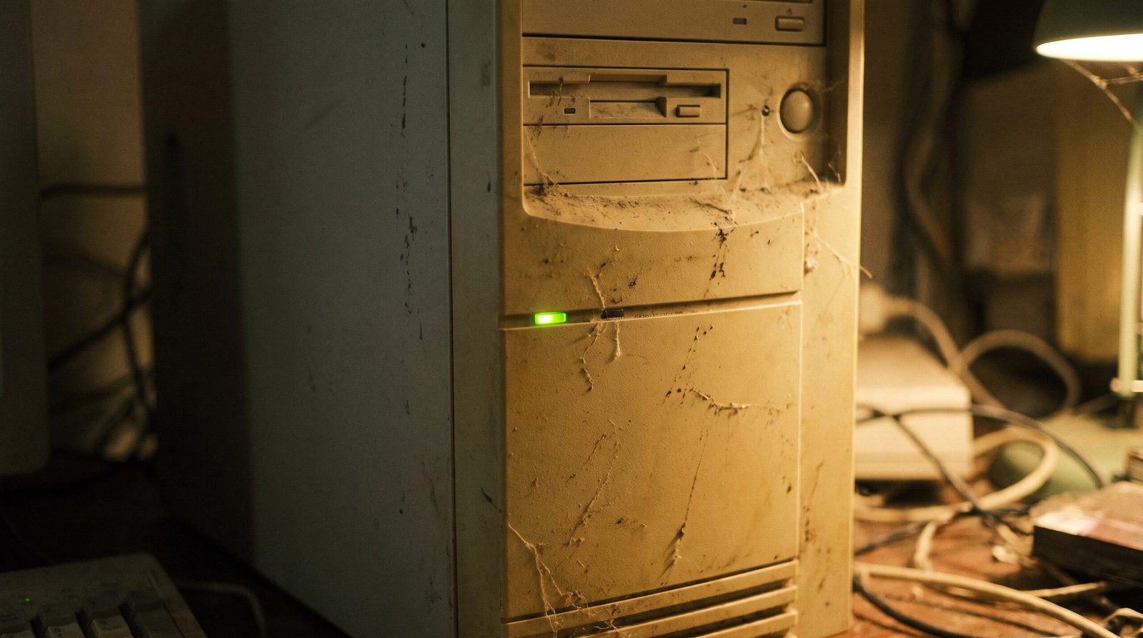 Close-up of an old dusty computer tower with a single blinking green LED, suggesting abandoned infrastructure still running.