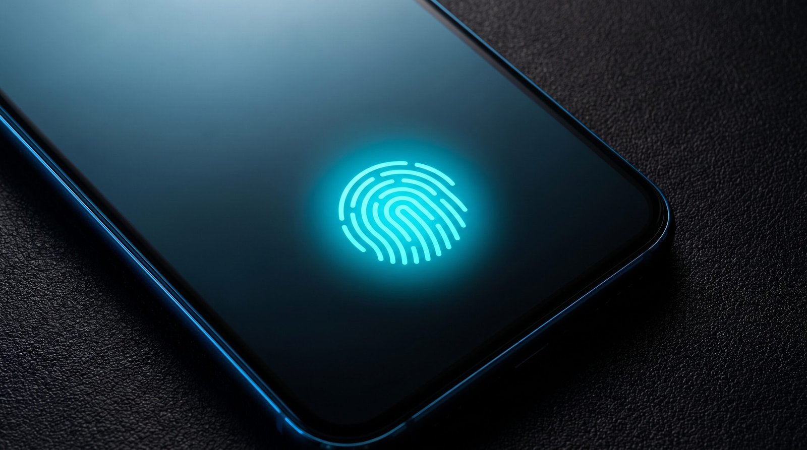 Close-up of a modern smartphone screen showing a fingerprint icon with a cyan glow, representing passkey authentication.