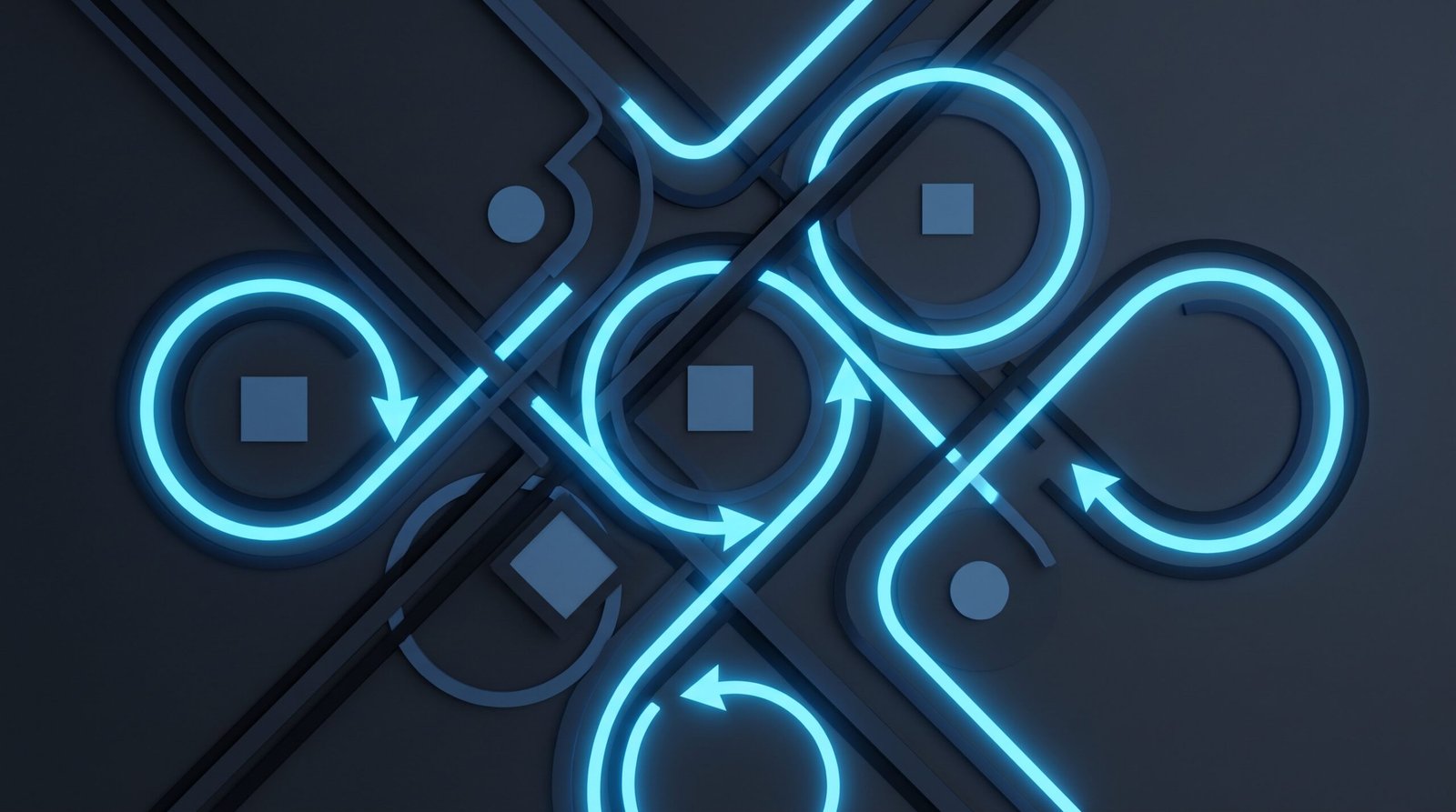 Abstract image of a workflow diagram with arrows that loop back on themselves, suggesting orchestration and iteration.