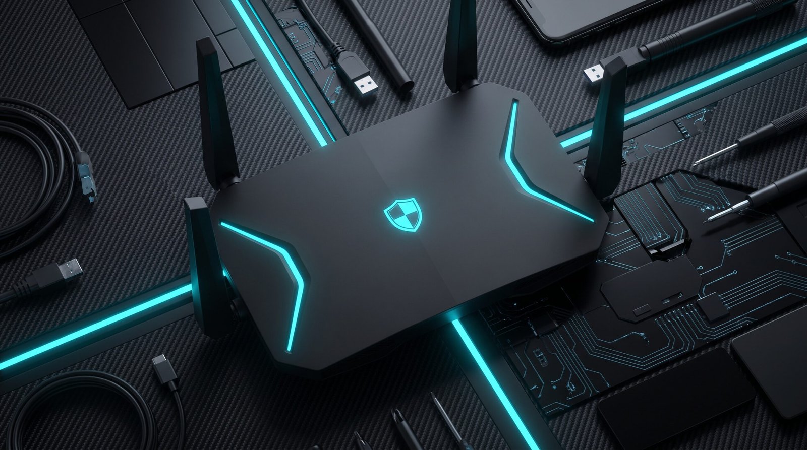 Flat-lay image of a modern Wi-Fi router with a small shield icon overlay, representing small business network security.
