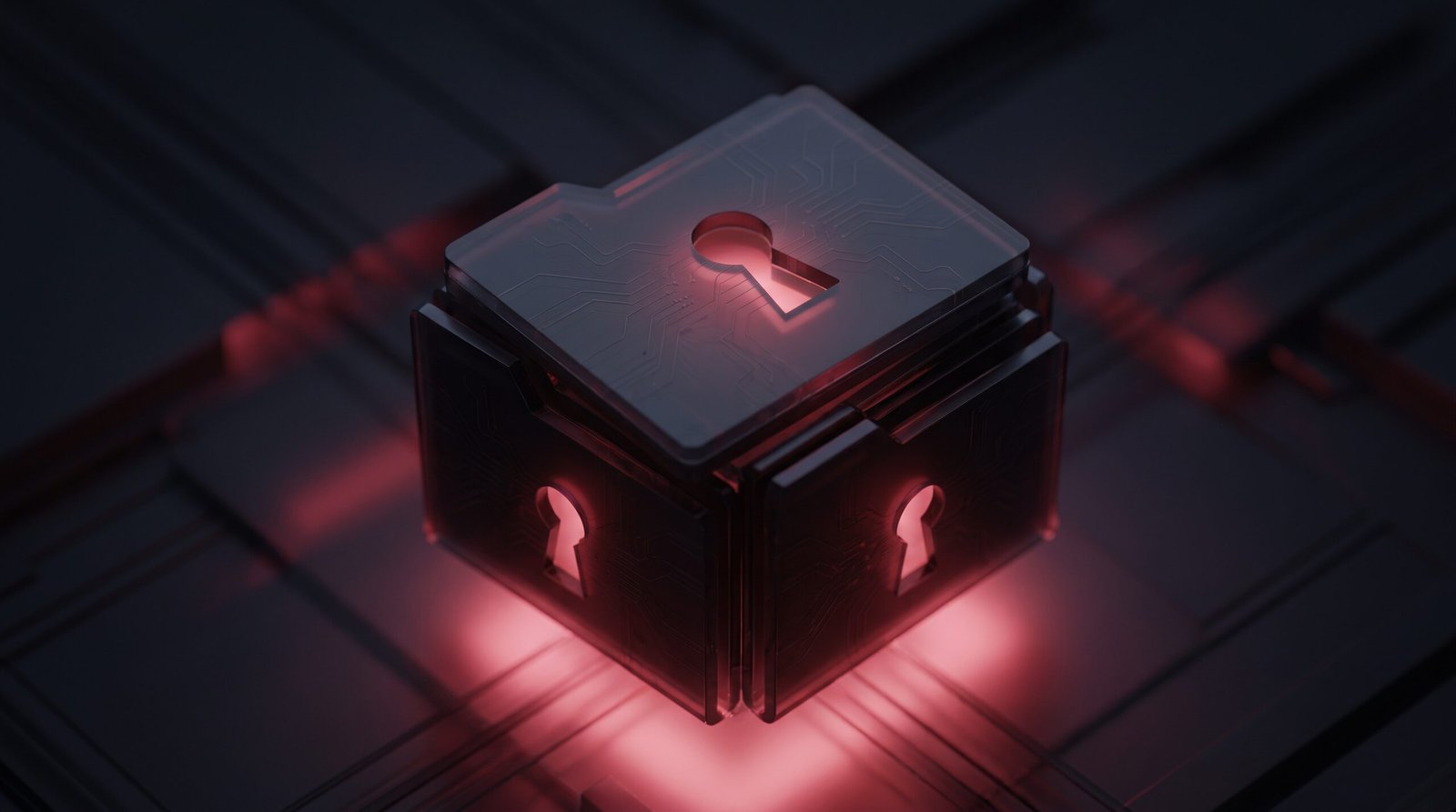 Abstract image of encrypted files shown as a stack of locked folders with keyholes, representing ransomware encryption.