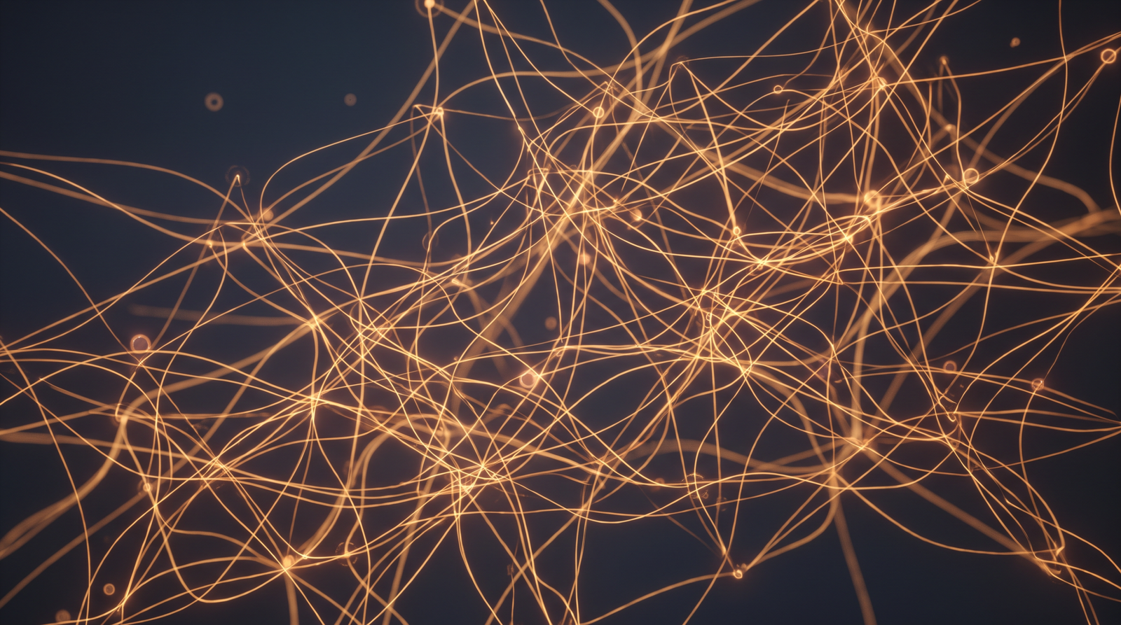 Abstract image of a tangled web of interconnected nodes and lines representing software dependencies, with warm amber accents.