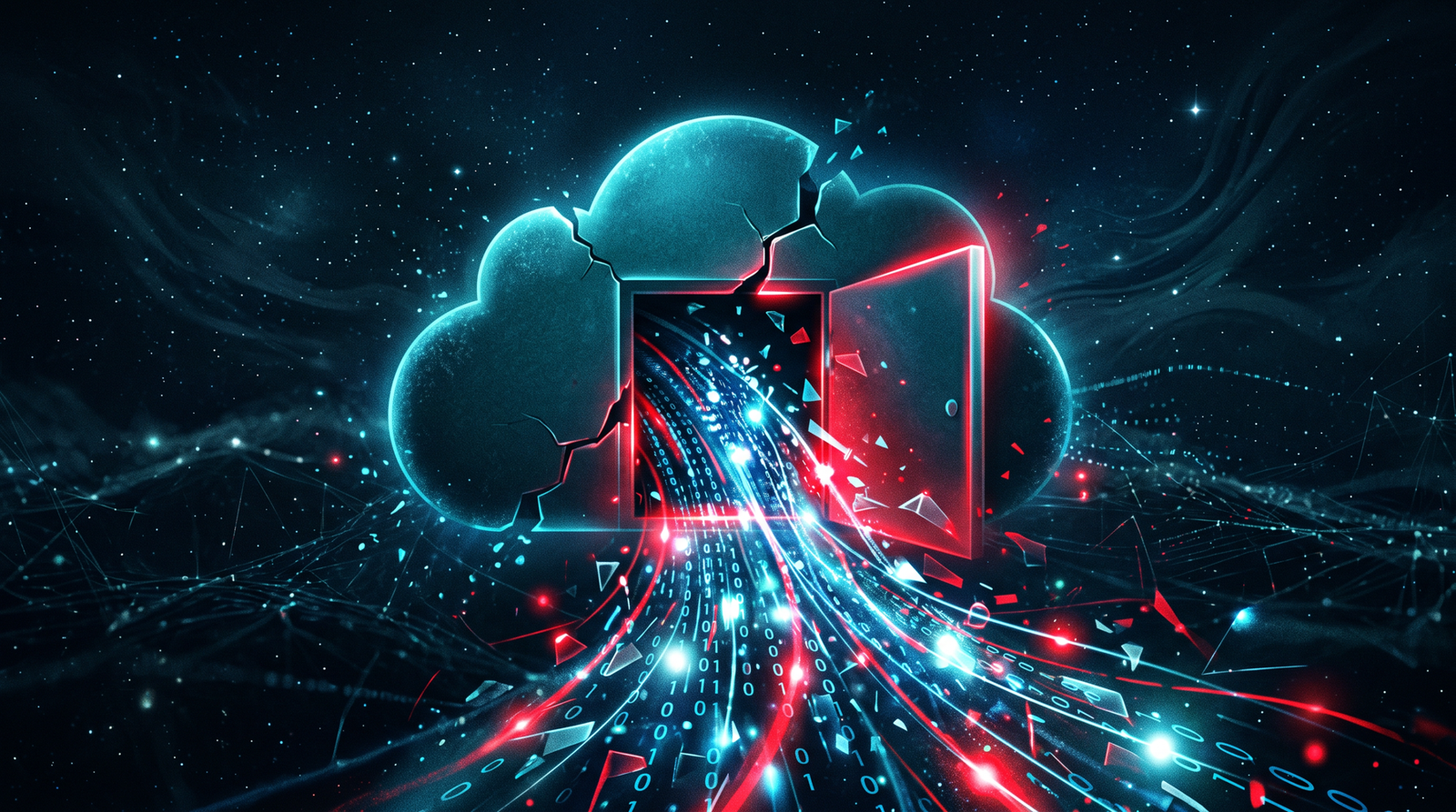Abstract image of a cloud icon with an exposed storage bucket or open door revealing data streams inside.