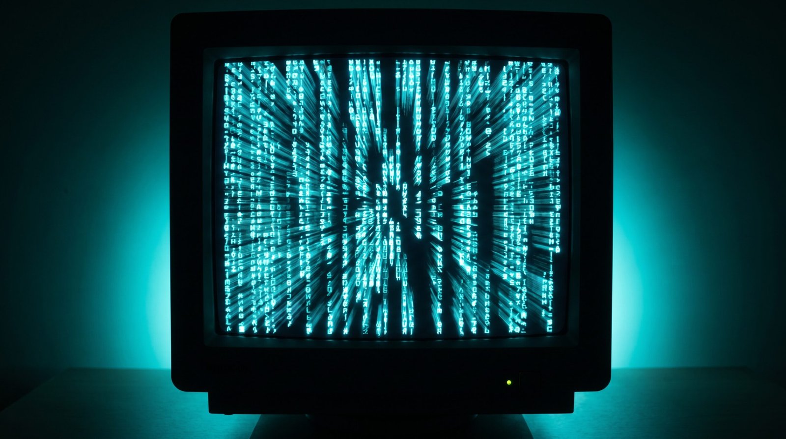 Terminal with code scrolling, cyan glow on dark background