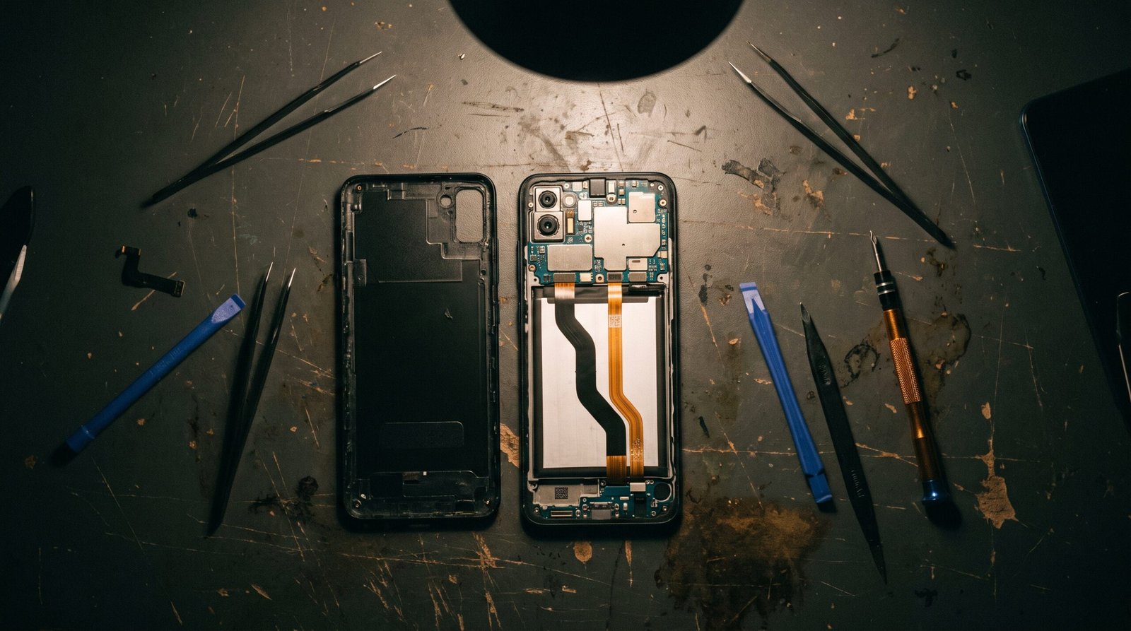 Smartphone with back cover removed, components laid out on dark surface