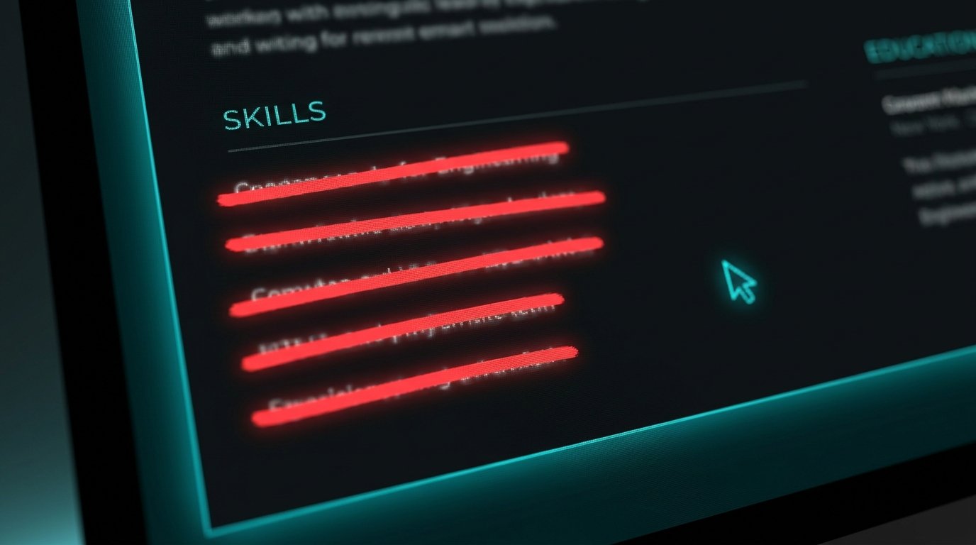 Resume on a dark screen with several skill lines struck through in red, suggesting deprecated skills.