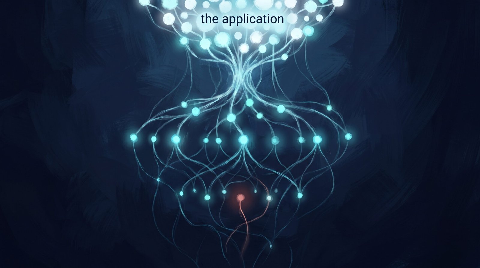 A dependency tree with one poisoned transitive package far below the application, showing how a small hidden component reaches many systems.