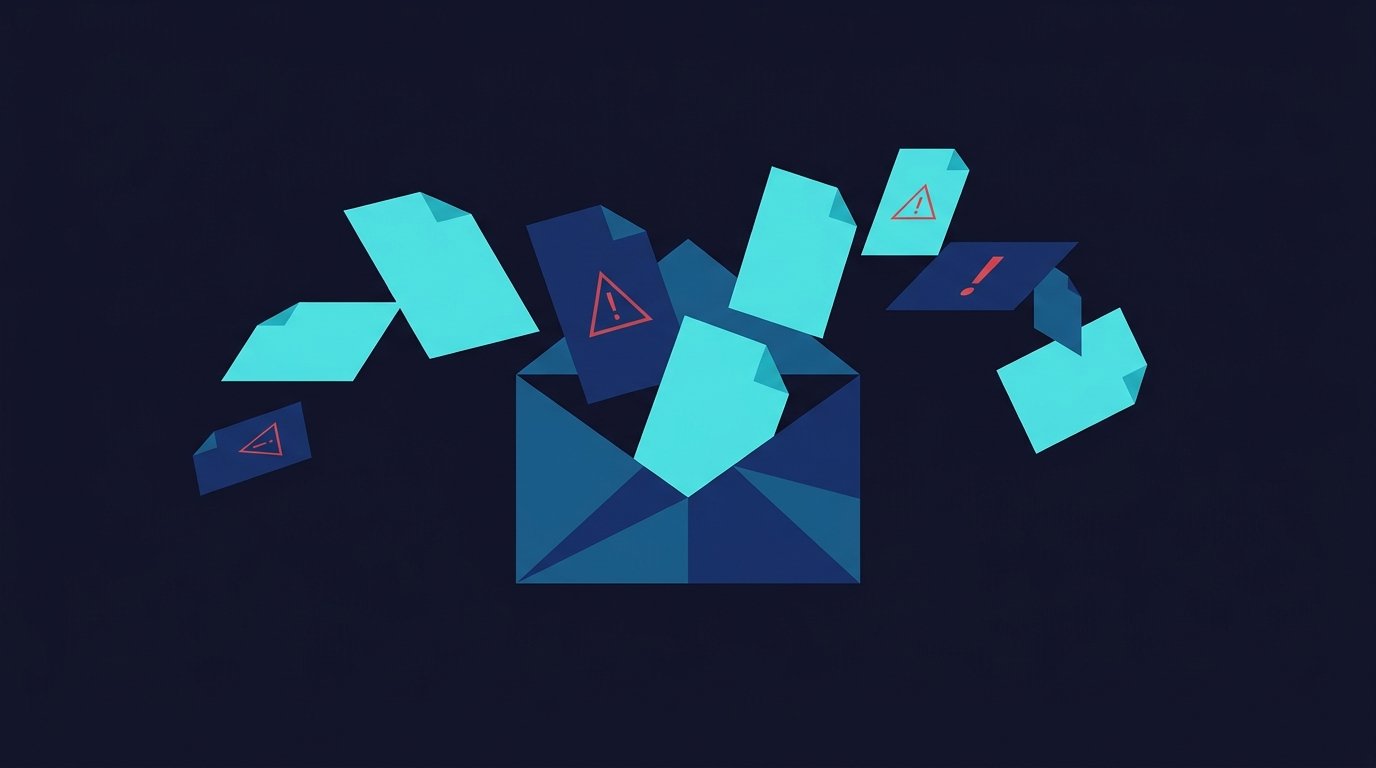Abstract inbox icon with files flying in and out, some marked with red warning symbols, dark background with cyan and amber accents.