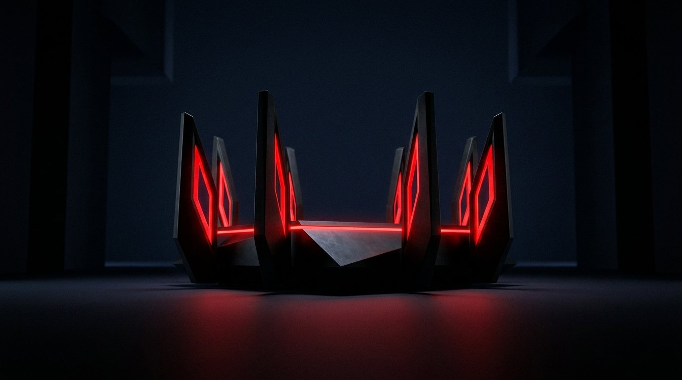 Stylized image of a small home Wi-Fi router on a desk with a subtle red warning glow emanating from it, dark background, cinematic lighting.