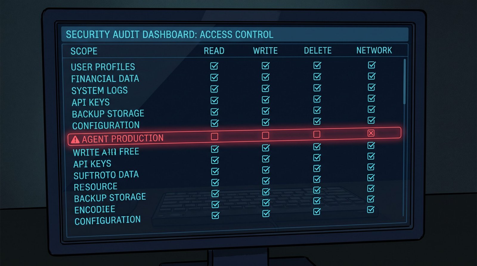 A permissions matrix on a dark screen showing an AI agent with almost every box checked, suggesting an untrusted service account with too much access.