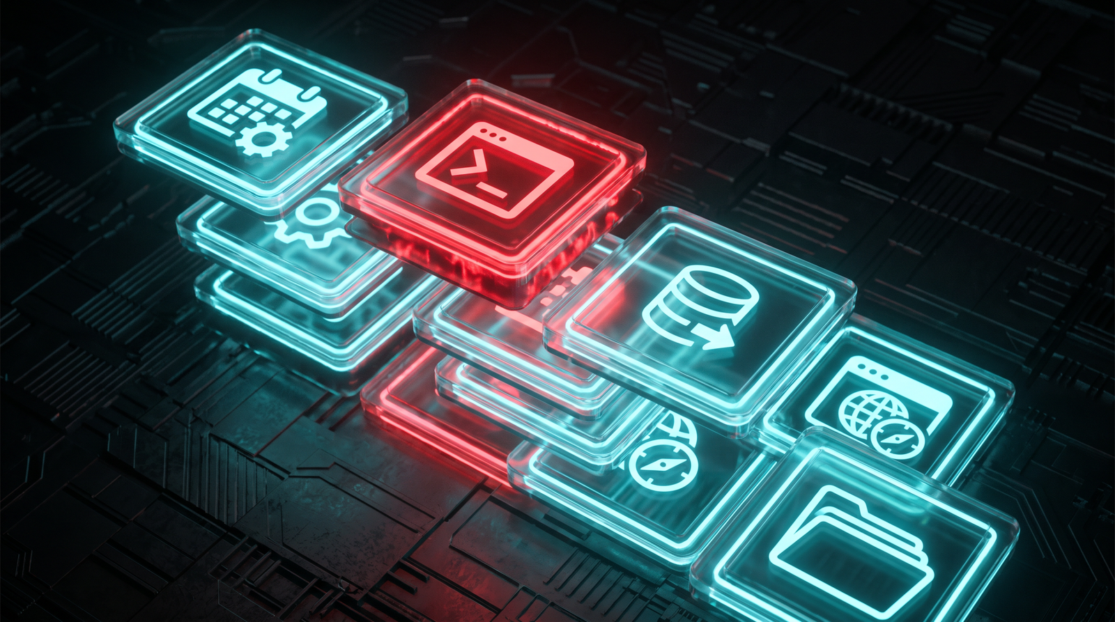 A stack of MCP server icons on a dark background, several highlighted with red warning glows, suggesting infected or compromised tools in a supply chain.