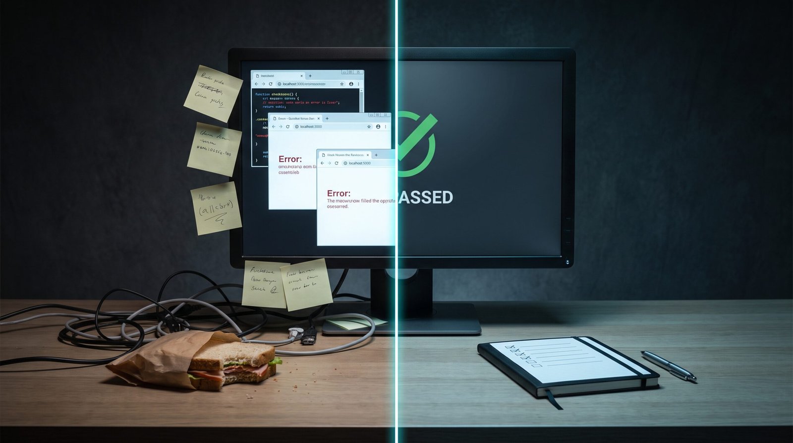 A split view on a dark background: left side shows a messy desk covered in failed attempts, sticky notes and tangled wires; right side shows a clean workstation with organized monitors, labelled folders, and a single terminal running tests.