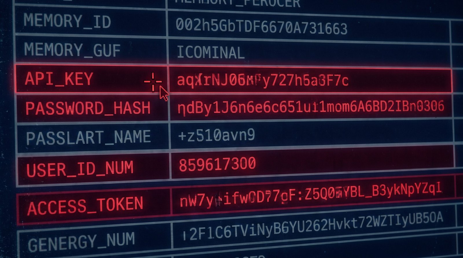 A dark screen showing a 'memory' database table with several rows highlighted in red, including what look like credential strings and personal identifiers, with a small 'delete?' cursor hovering over one of them.