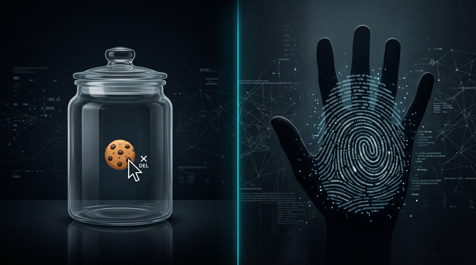 A comparison on a dark background, the left side shows a cookie icon in a jar with a 'delete' arrow, the right side shows a hand on glass leaving a unique print made of code symbols and tiny data points, the print cannot be wiped away.