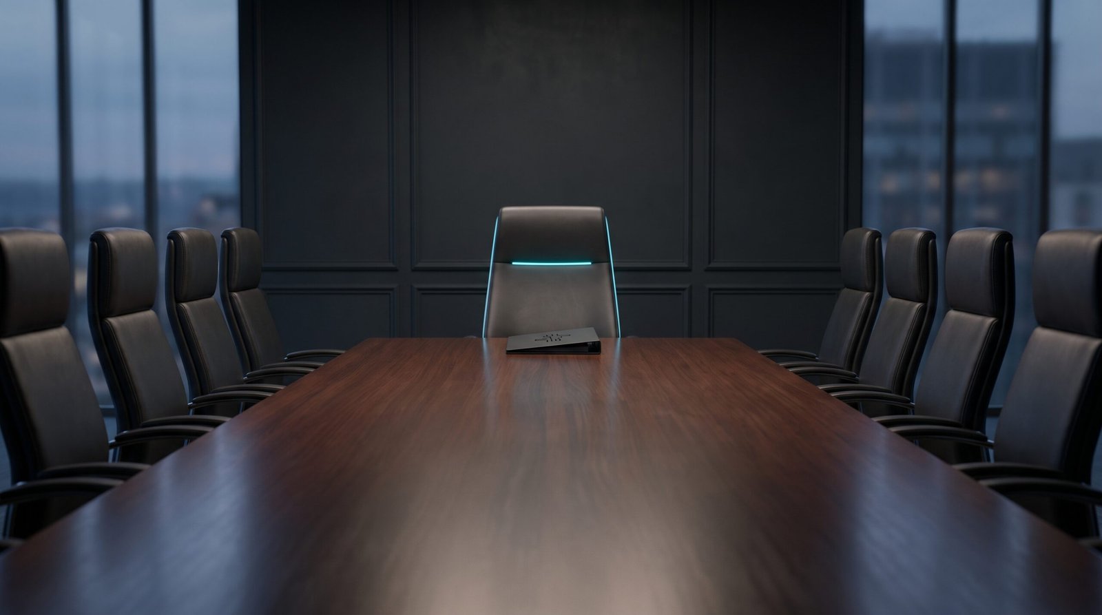A corporate boardroom on a dark background, a long table with empty leather chairs, one chair at the head of the table is labeled 'cyber' in small cyan text, suggesting a seat that has been recently added to a traditional structure.