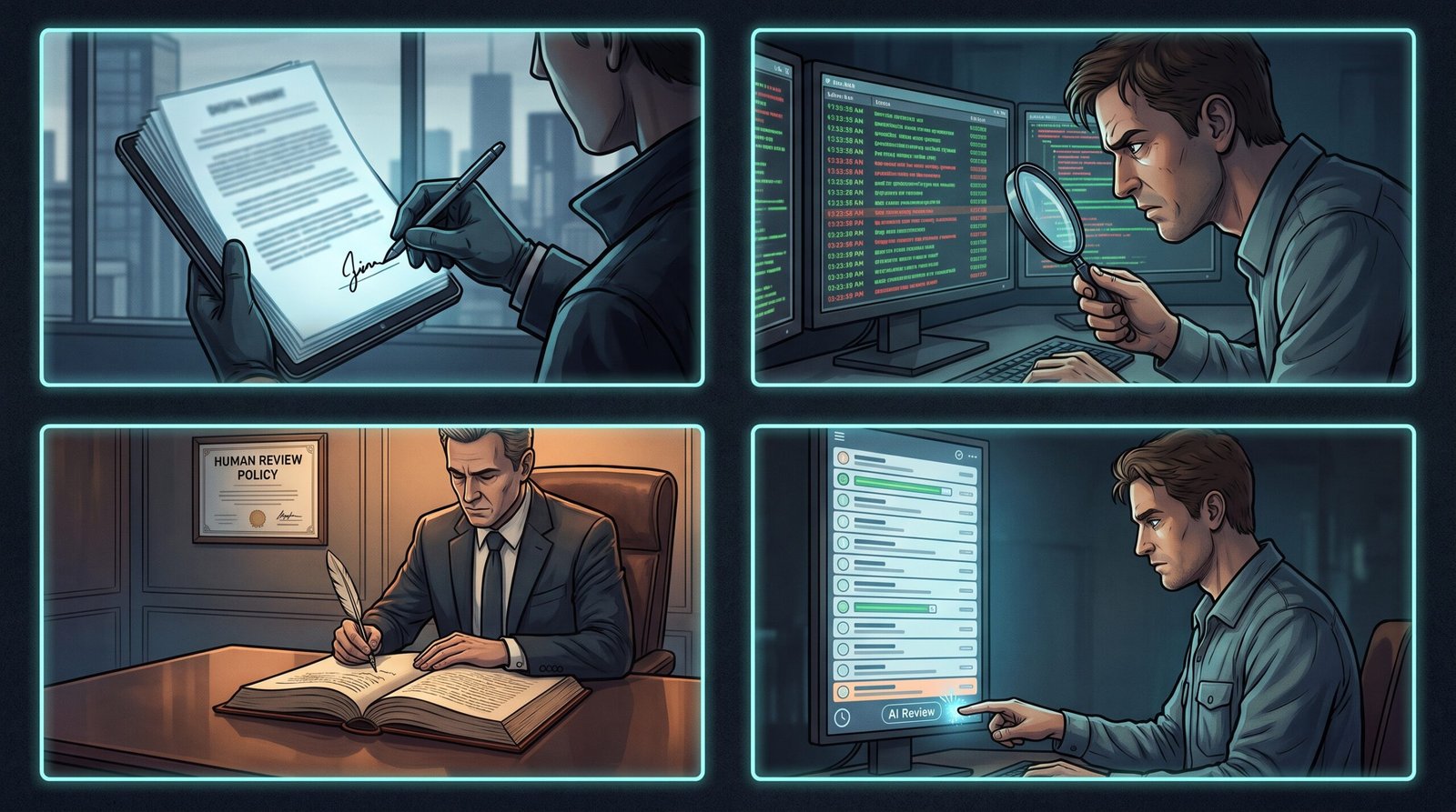 A four-panel grid on a dark background showing four rubber-stamp patterns, each panel depicts a different scene: a person signing a stack of approvals without reading them, a person reviewing after the fact, a person signing a policy document that says 'humans review everything', and a person who has nominally been assigned to review but is on a different task.