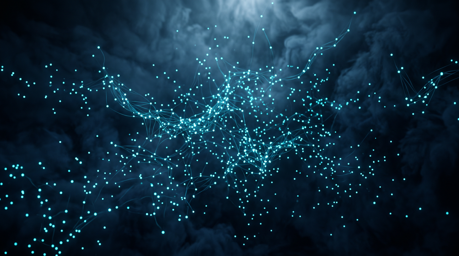 Abstract cloud network as scattered glowing cyan nodes in dark navy fog, dramatic chiaroscuro lighting from above.