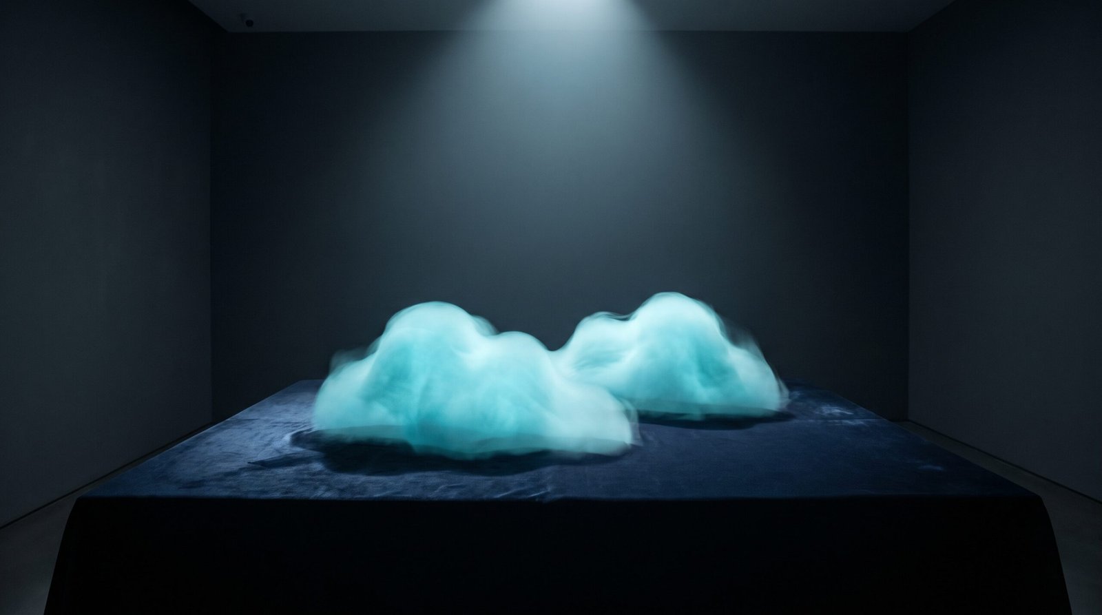 Abstract multi cloud as glowing cyan twin cloud shapes on a dark navy surface, dramatic chiaroscuro lighting from above.