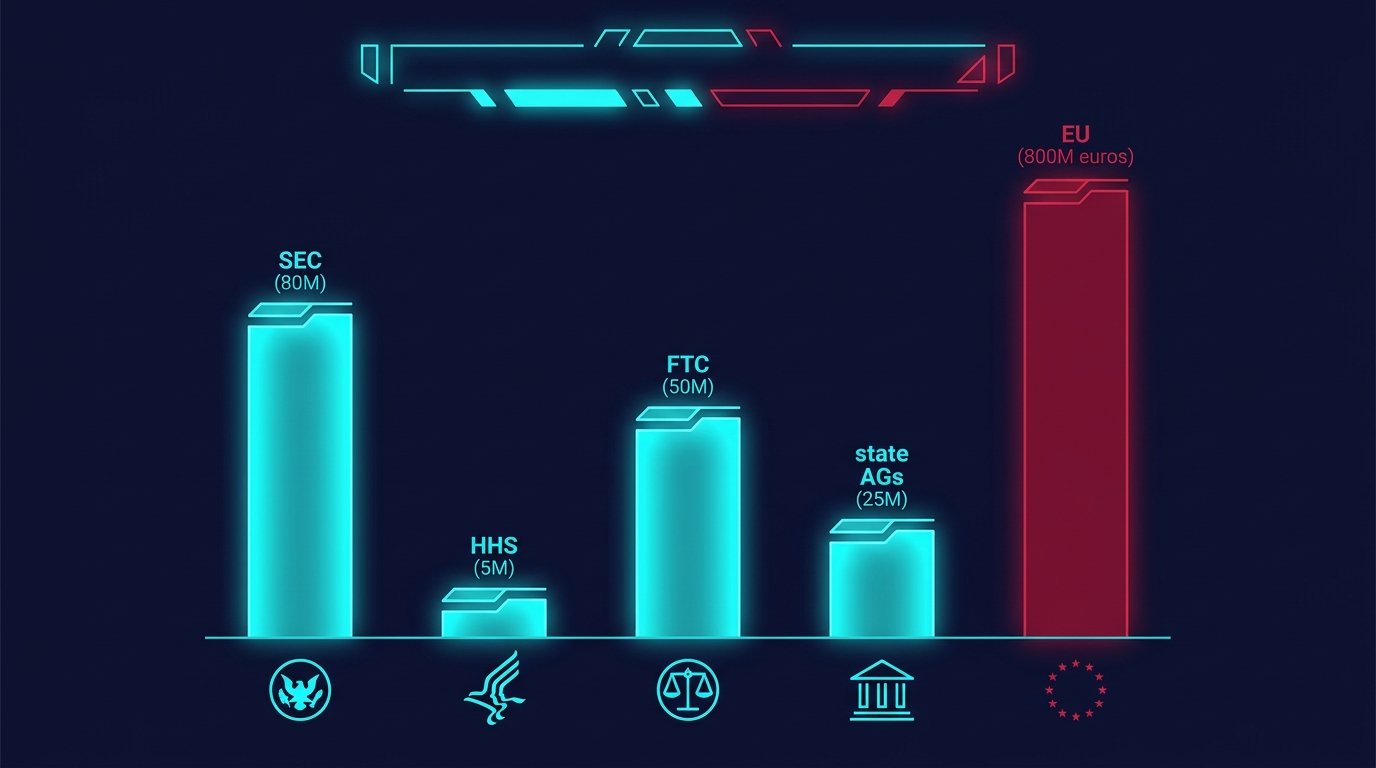 A regulatory enforcement chart with Q1 2026 DORA fines, ICO fines, SEC cyber disclosure cases as the three categories, dark navy background, cyan and red.
