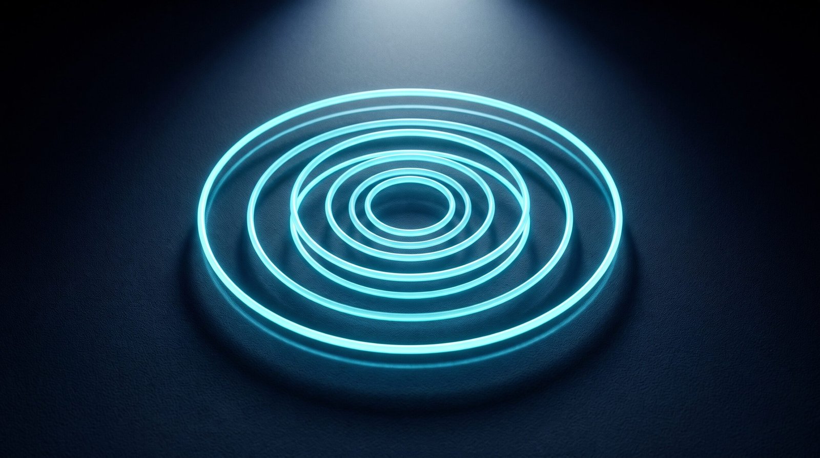 Abstract hiring funnel as glowing cyan rings of decreasing size on a dark navy surface, dramatic chiaroscuro lighting from above.