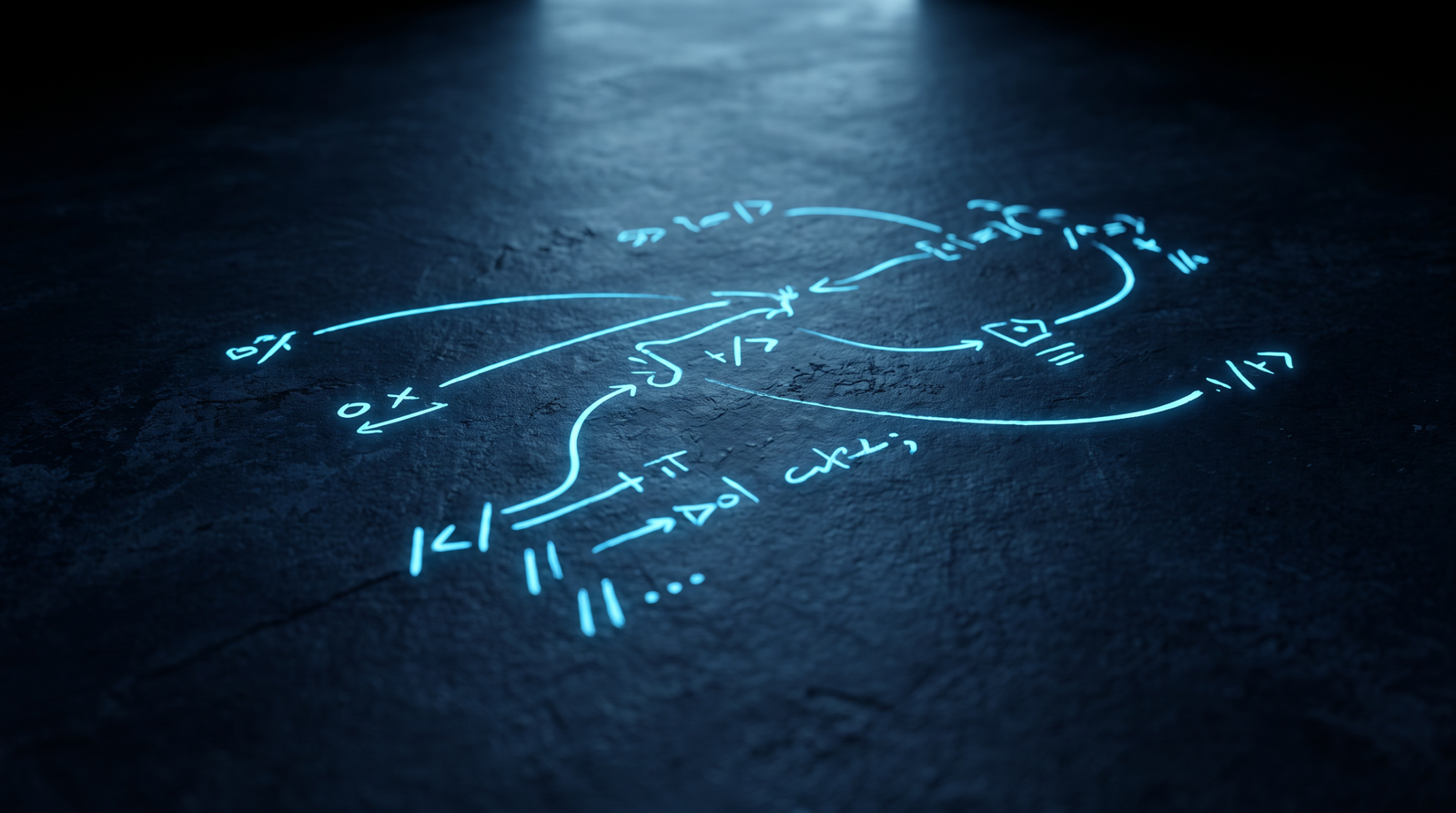 Abstract code review comments as glowing cyan annotations on a dark navy surface, dramatic chiaroscuro lighting from above.