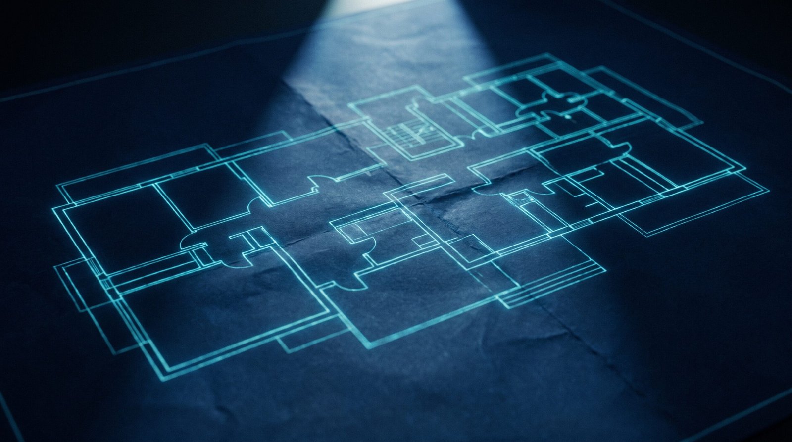 Abstract architectural blueprint as glowing cyan lines on a dark navy surface, dramatic chiaroscuro lighting from above.