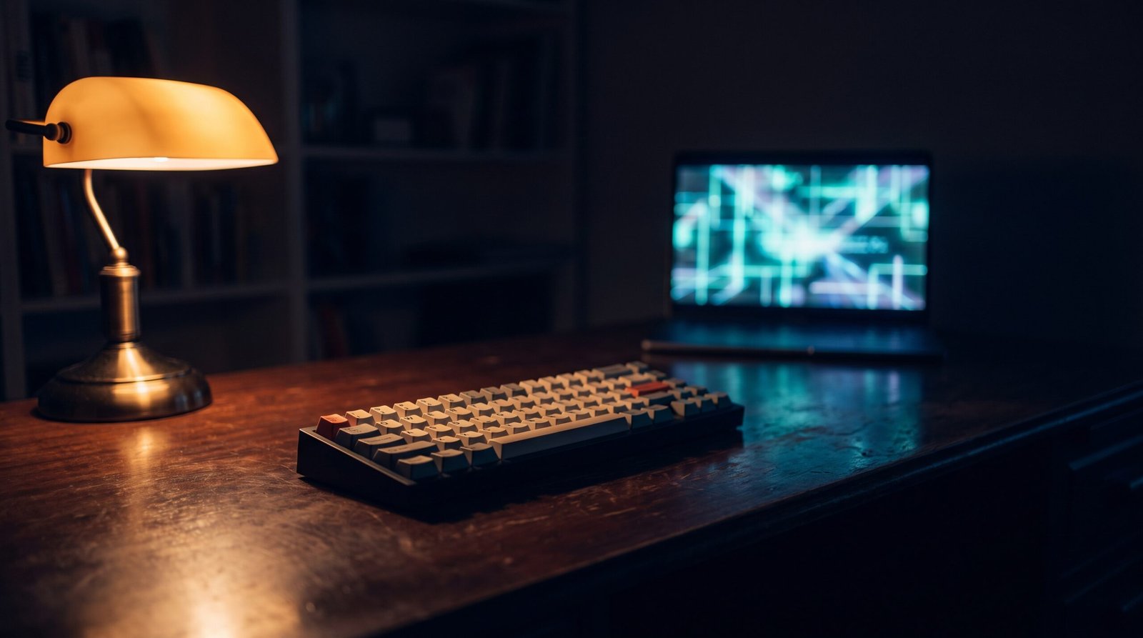 A single mechanical keyboard on a dark wood desk, warm amber lamp light, a laptop screen behind it glowing with abstract cyan light patterns suggesting code, no hands visible, empty room.