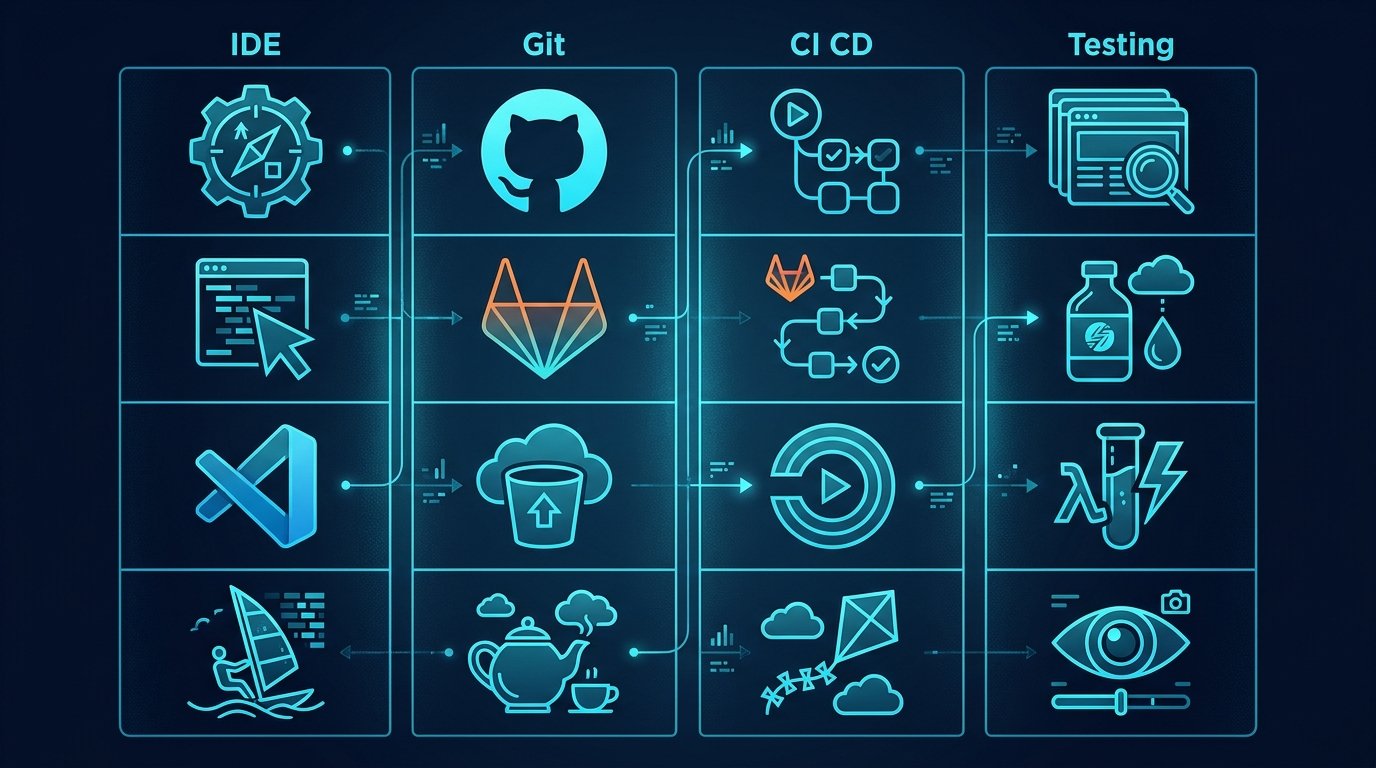 An engineering tools worth paying for chart with observability, CI/CD, secrets as the worth it categories, and duplicate point solutions, project sprawl, AI tool sprawl as the not-worth-it, dark navy background, cyan and warm amber.