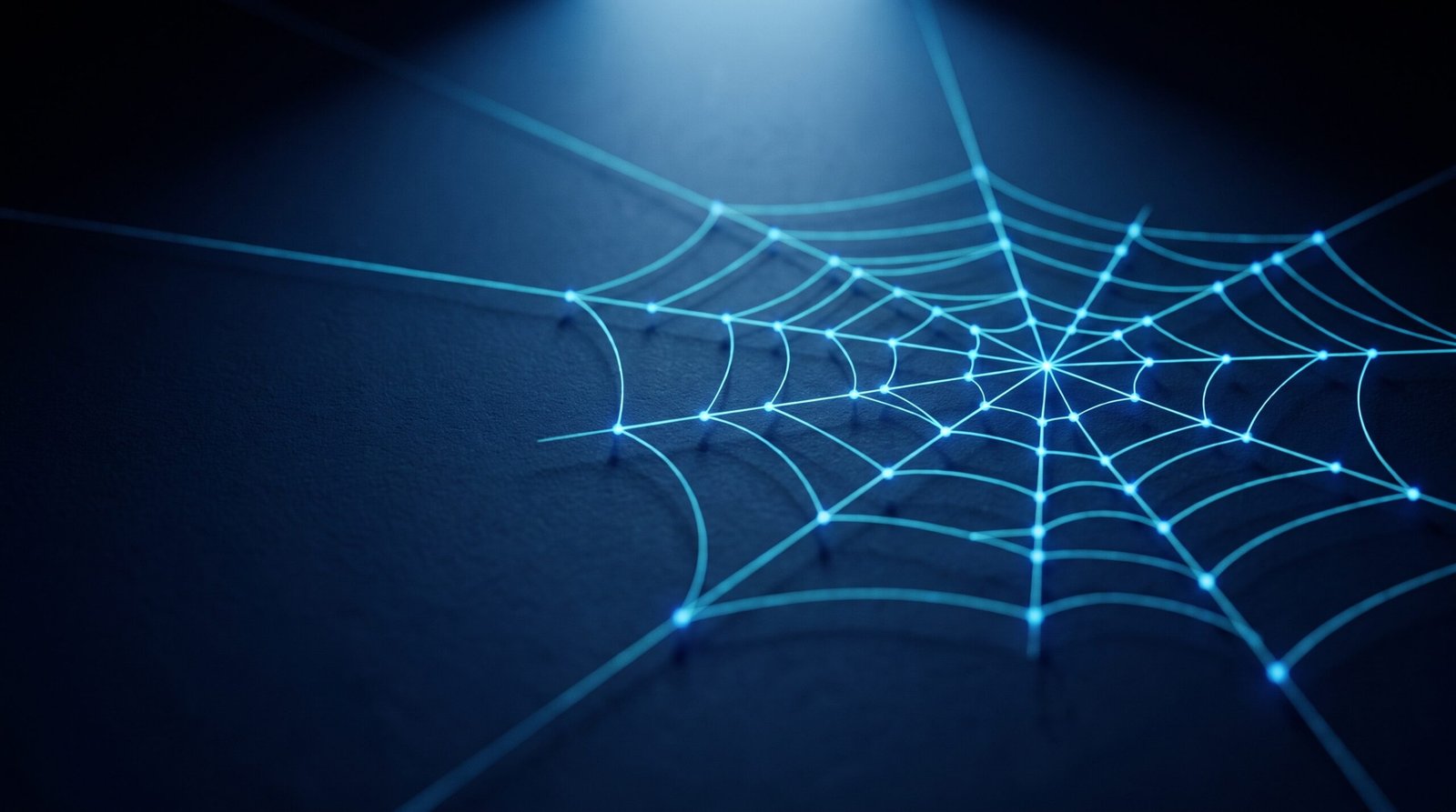Abstract web testing tool visualisation as glowing cyan spider web pattern on a dark navy surface, dramatic chiaroscuro lighting from above.