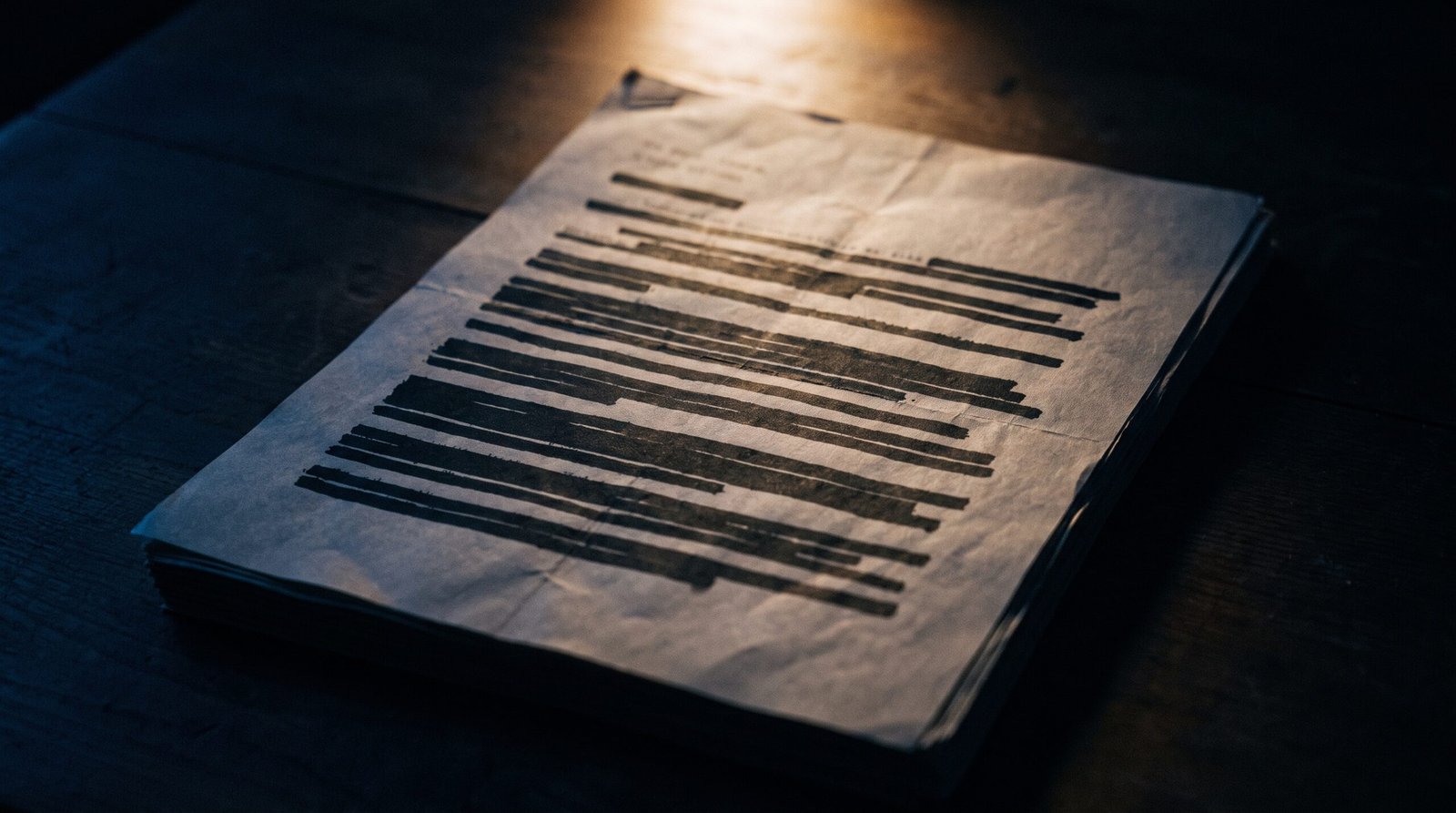 Abstract policy document with redacted black bars covering key sections, dark moody atmosphere, single overhead light, deep navy shadows.