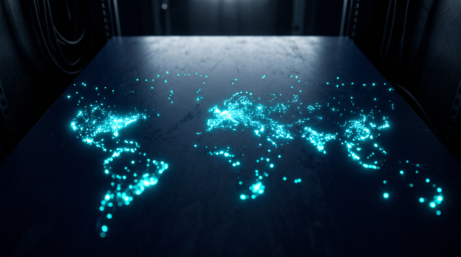 Abstract cloud security alerts as scattered glowing cyan points on a dark navy surface, dramatic chiaroscuro lighting from above.