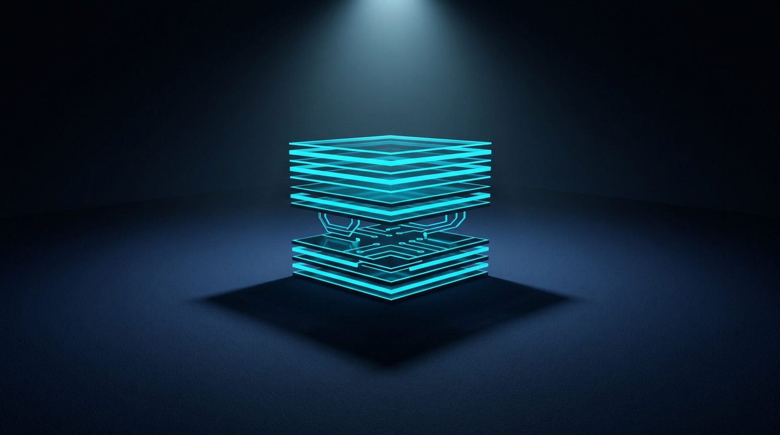 Abstract AI stack as glowing cyan horizontal layers stacked on a dark navy surface, dramatic chiaroscuro lighting from above.