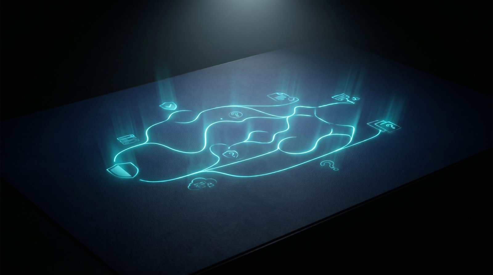 Abstract privacy impact assessment as glowing cyan flow diagram on a dark navy surface, dramatic chiaroscuro lighting from above.