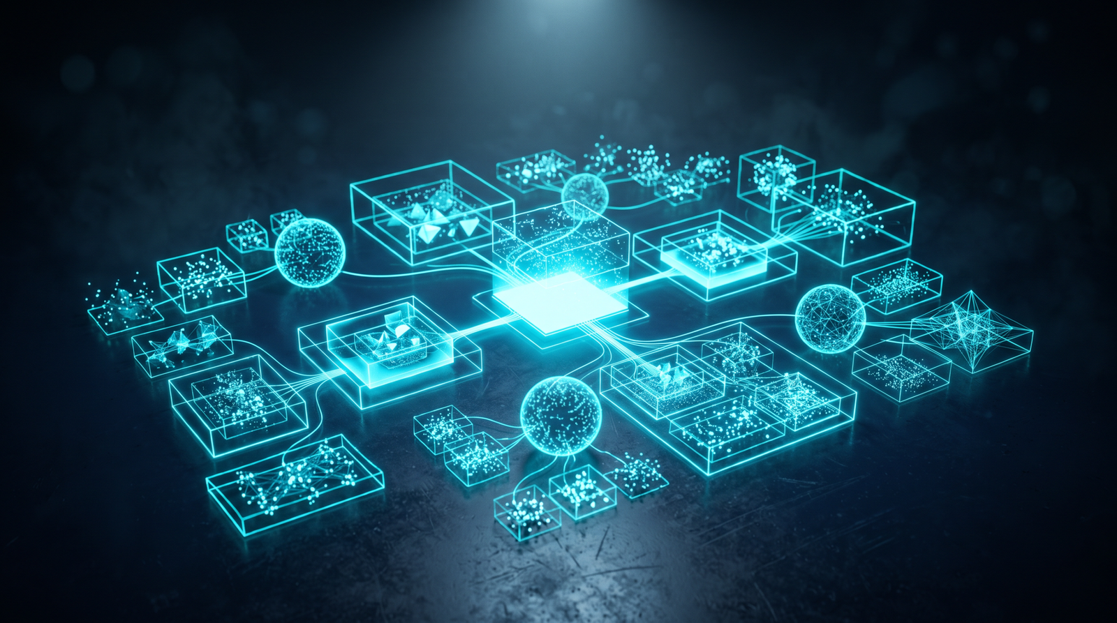Abstract data classification as glowing cyan nested categories on a dark navy surface, dramatic chiaroscuro lighting from above.