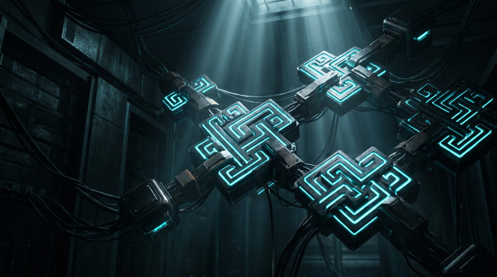 Abstract machine identity attestation as glowing cyan key patterns on dark nodes, dramatic chiaroscuro lighting from above.