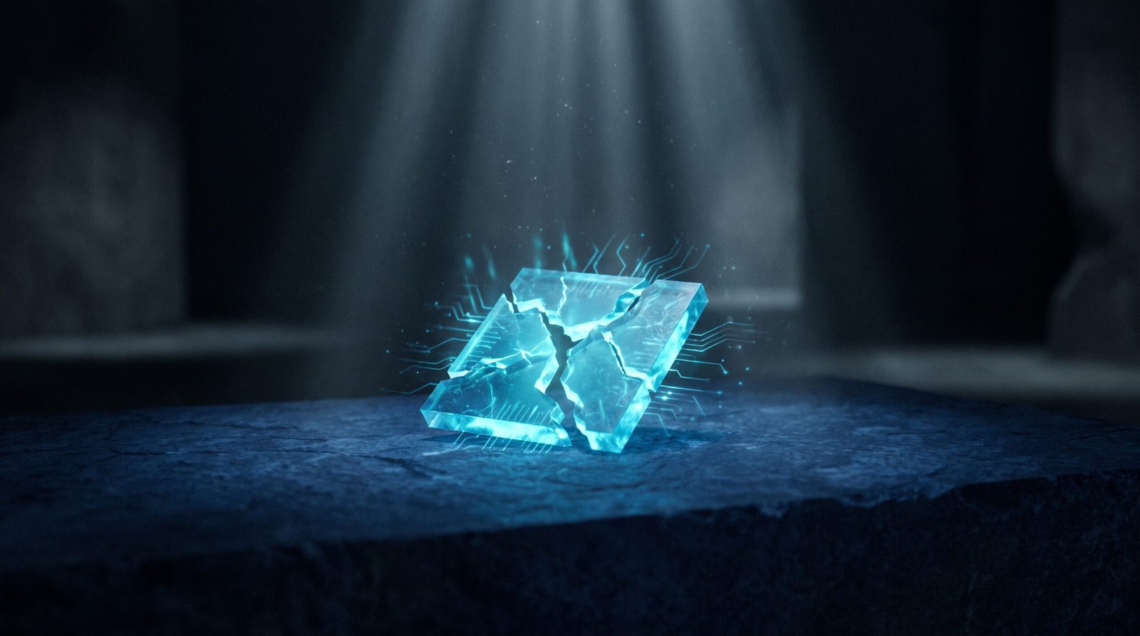 Abstract API key leak as glowing cyan cracked credential on a dark navy surface, dramatic chiaroscuro lighting from above.