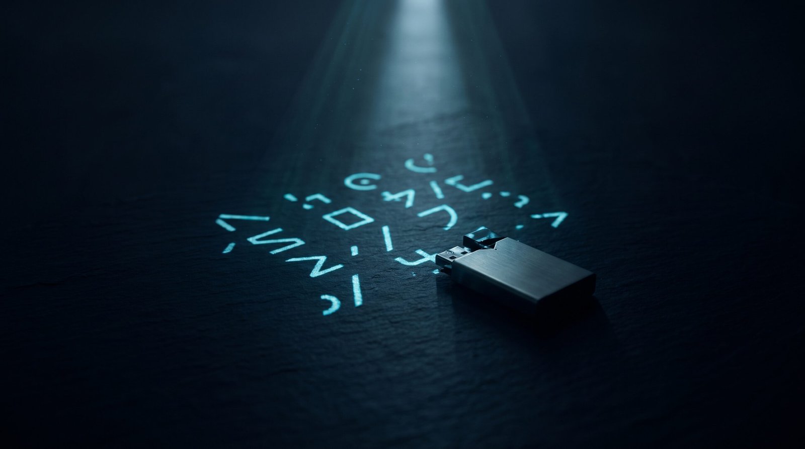 Abstract hardware wallet recovery as glowing cyan broken seed phrase on a dark navy surface, dramatic chiaroscuro lighting from above.