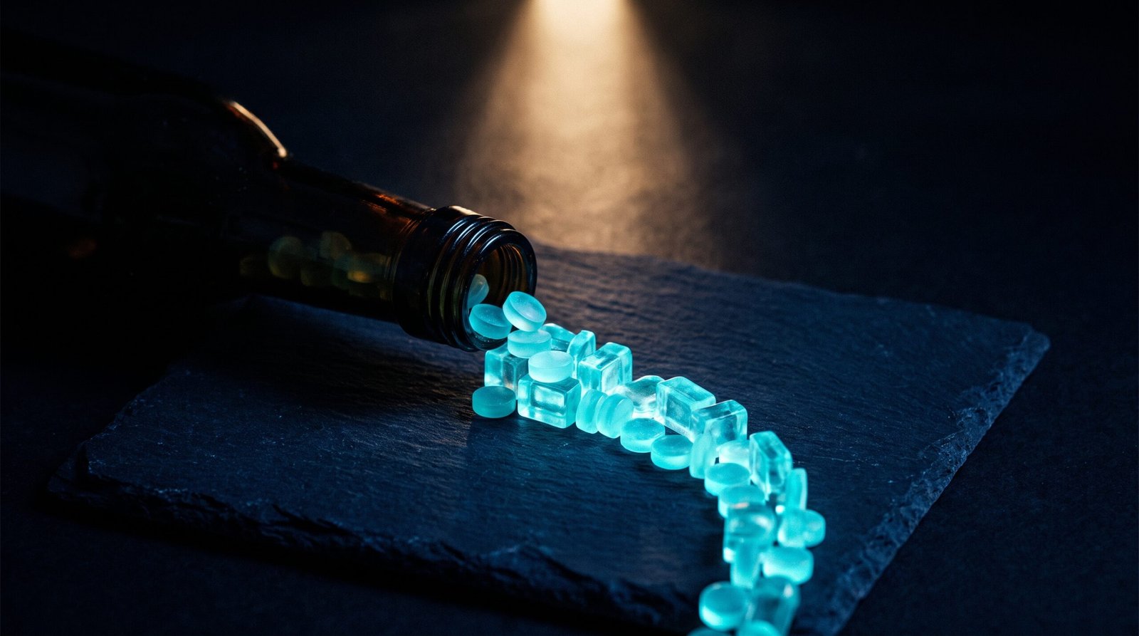 Abstract PR review bottleneck as glowing cyan backed up queue on a dark navy surface, dramatic chiaroscuro lighting from above.