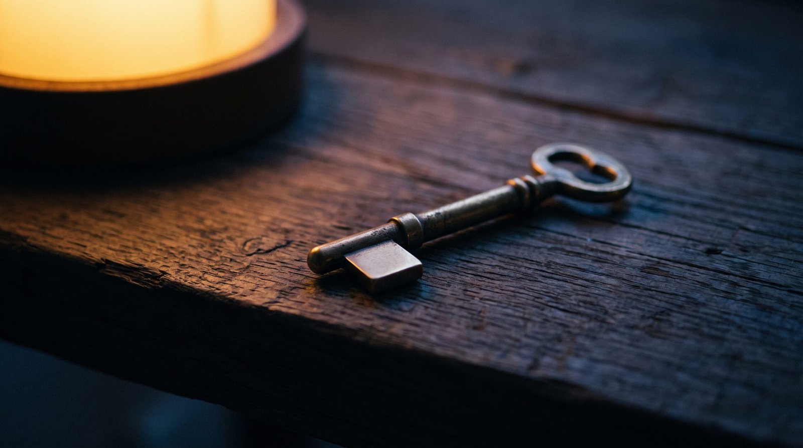 A single brass key with no teeth on a dark wood surface, dim warm amber side light, deep navy shadows, no people visible.