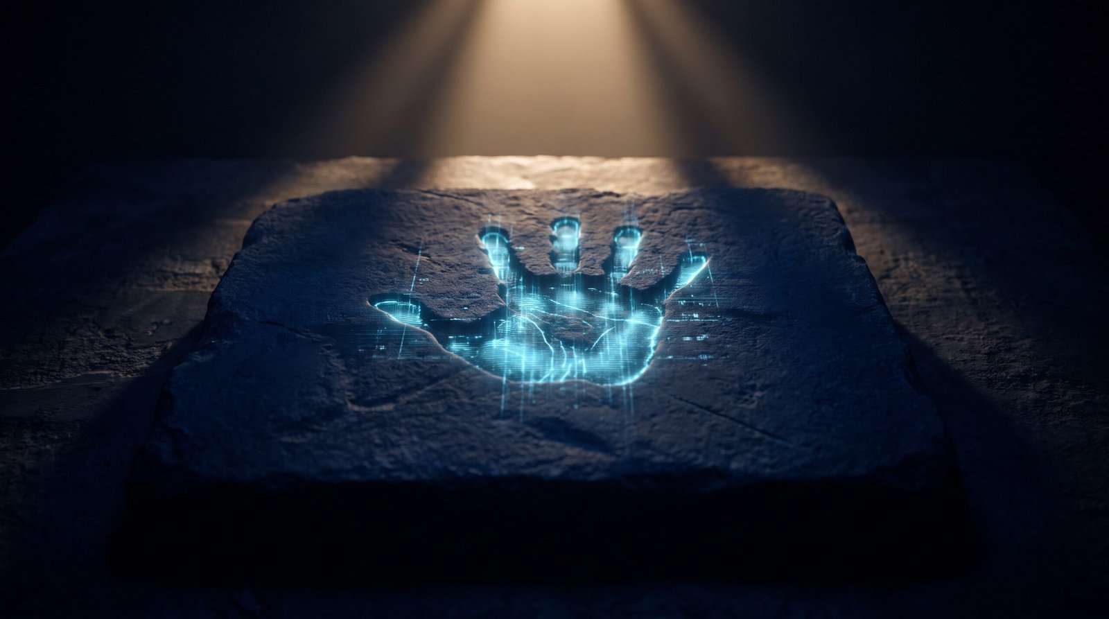 Abstract passwordless as glowing cyan hand print with no key on a dark navy surface, dramatic chiaroscuro lighting from above.