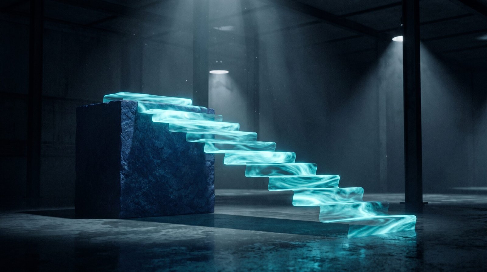 Abstract vendor incident playbook as glowing cyan flowing steps on a dark navy surface, dramatic chiaroscuro lighting from above.
