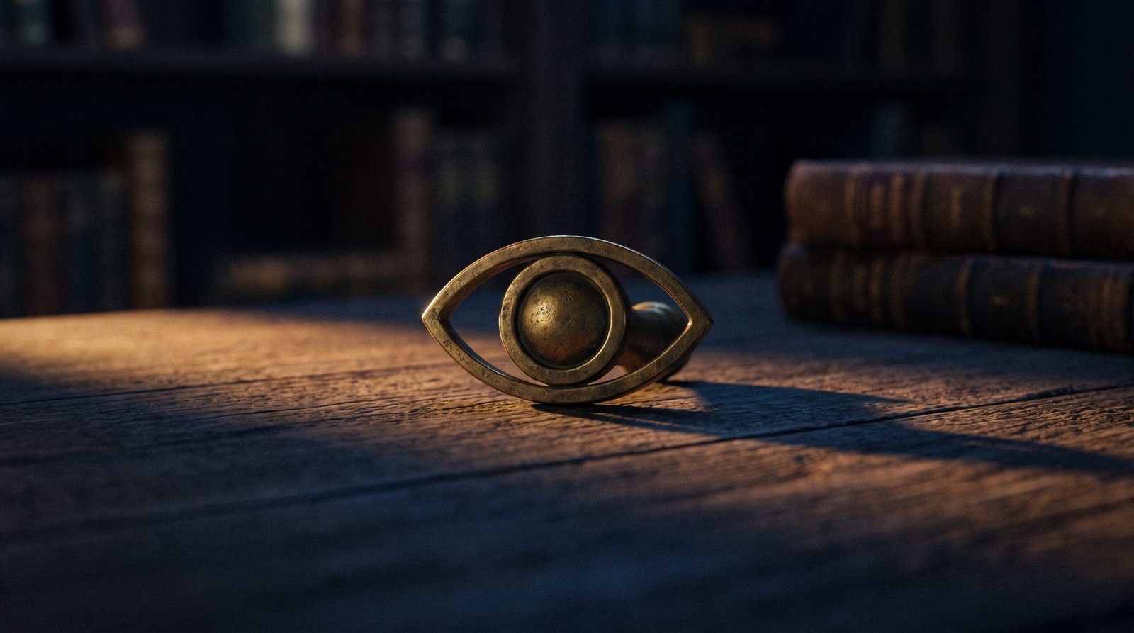 A single brass eye on a dark wood surface, dim warm amber side light, deep navy shadows, no people visible.