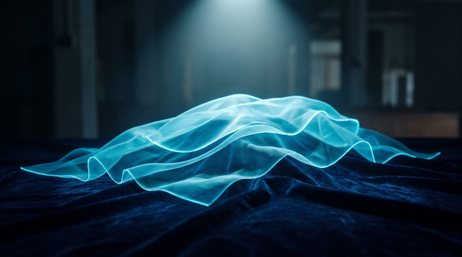 Abstract privacy state as glowing cyan three layered veil on a dark navy surface, dramatic chiaroscuro lighting from above.