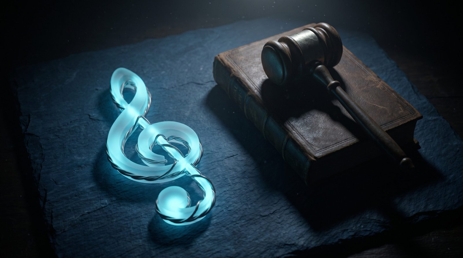 Abstract statutory licensing as glowing cyan musical note with legal marker on a dark navy surface, dramatic chiaroscuro lighting from above.