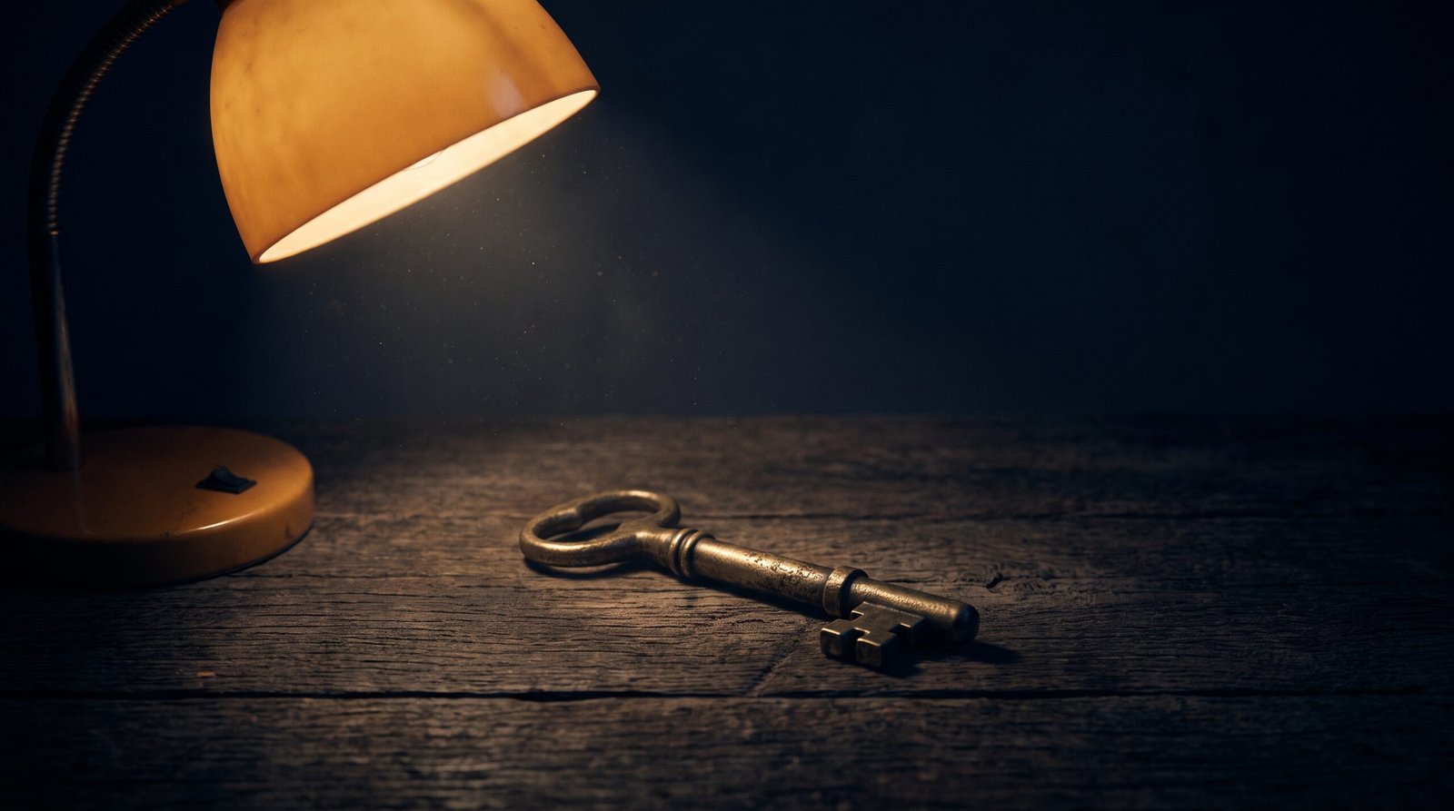 A single brass old key on a dark wood surface, dim warm amber side light, deep navy shadows, no people visible.