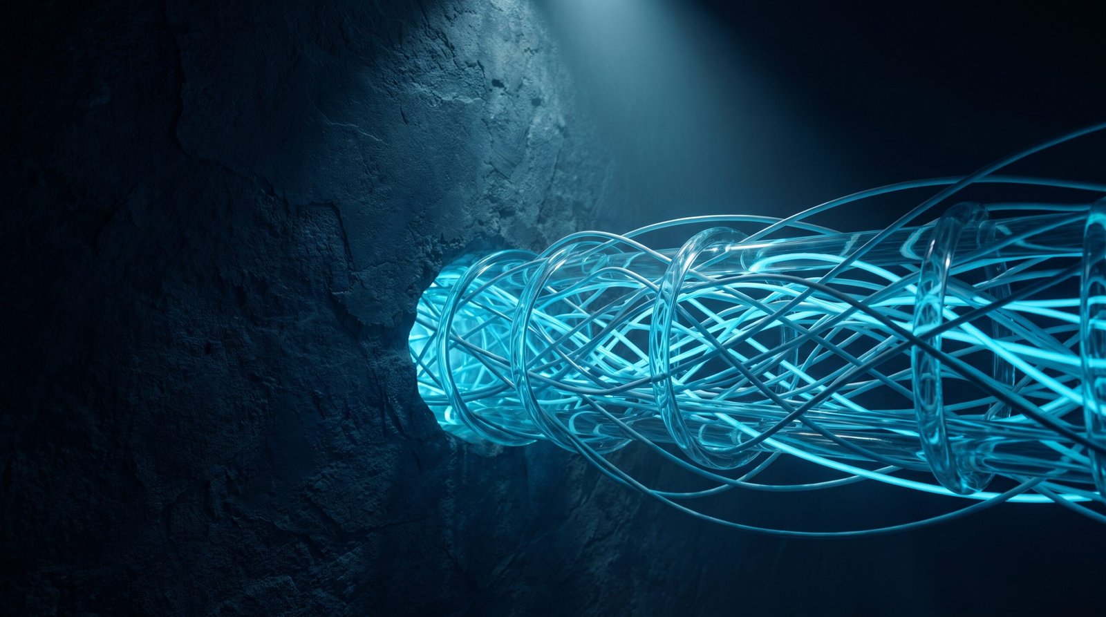 Abstract VPN as glowing cyan aged tunnel on a dark navy surface, dramatic chiaroscuro lighting from above.