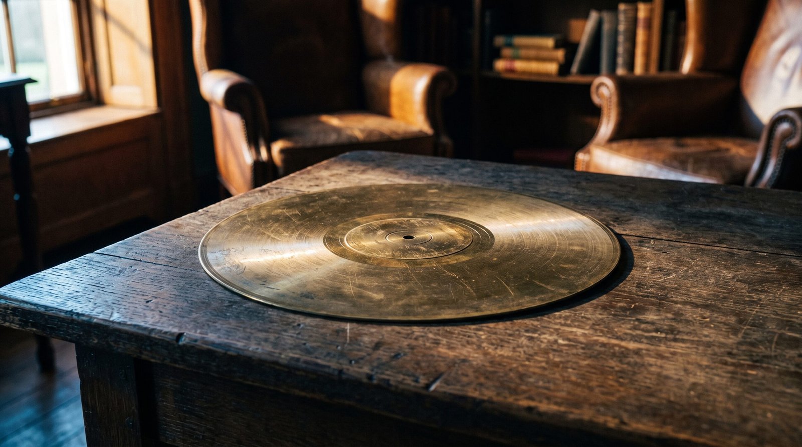A single brass record disc on a dark wood surface, dim warm amber side light, deep navy shadows, no people visible.