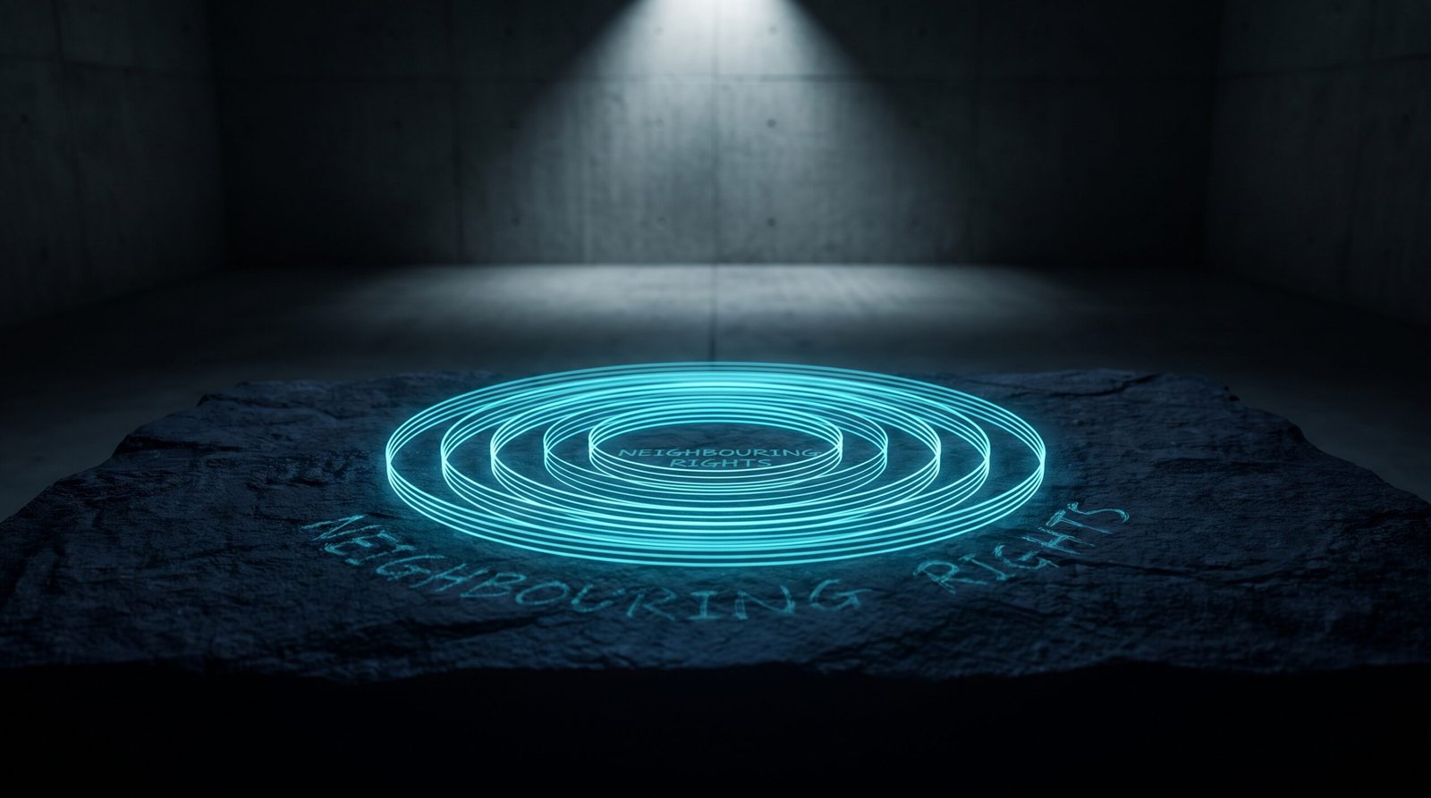 Abstract neighbouring rights as glowing cyan sound wave rings on a dark navy surface, dramatic chiaroscuro lighting from above.