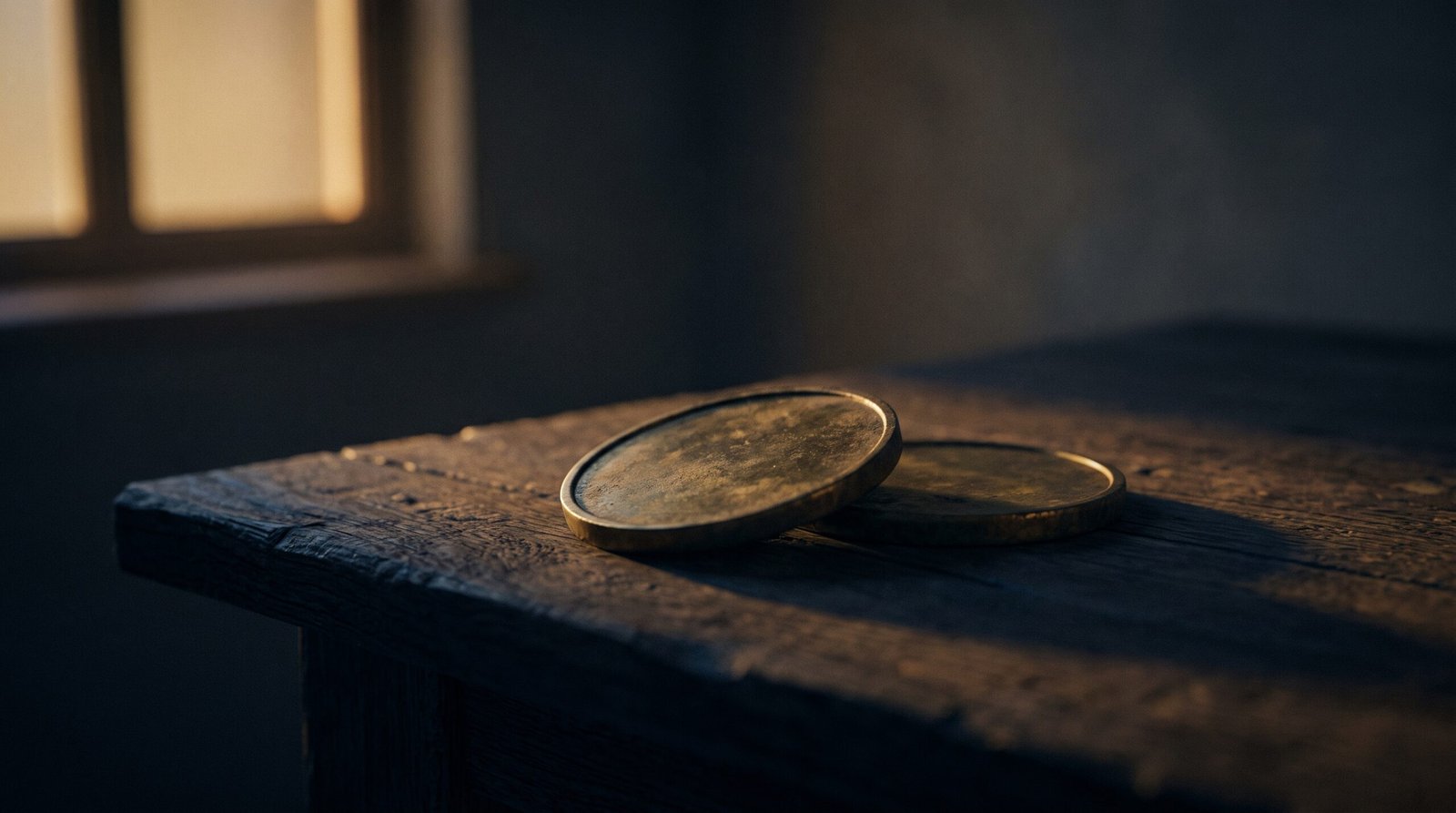 A single brass coin with another coin stacked on a dark wood surface, dim warm amber side light, deep navy shadows, no people visible.