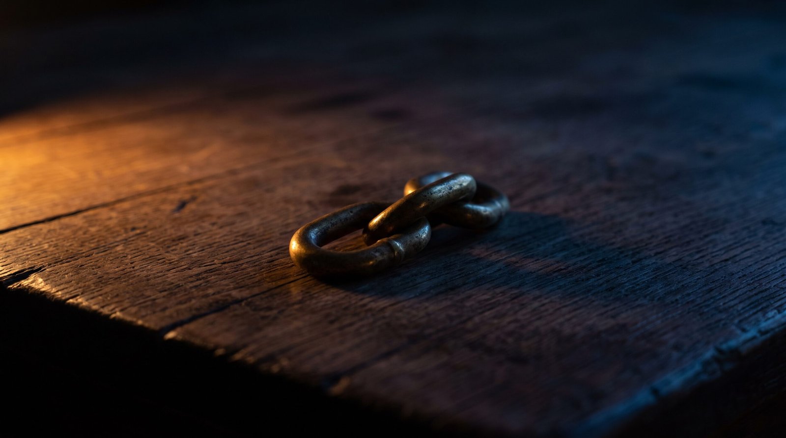A single brass chain link on a dark wood surface, dim warm amber side light, deep navy shadows, no people visible.